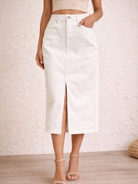 Juicy Couture White Denim Midi Skirt NWT High Rise Slit Stretch Size 26 pockets